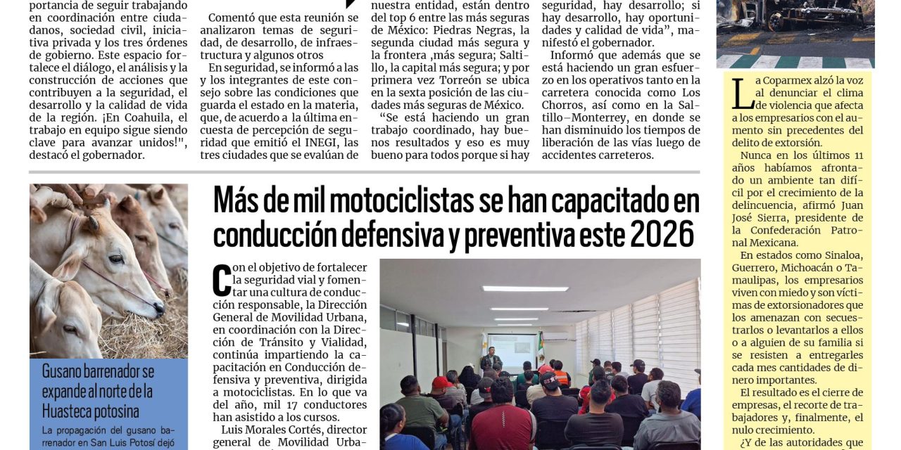 Portada RCG Lagunera [15 de mayo de 2026] En Coahuila seguimos trabajando en equipo: Manolo Jiménez; más de mil motociclistas se han capacitado en conducción defensiva y preventiva en este 2026 y más…