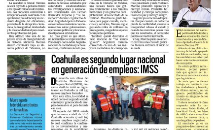 Portada RCG Lagunera [18 de mayo de 2026] Morena se cae a pedazos; Coahuila es segundo lugar nacional en generación de empleos: IMSS y más…
