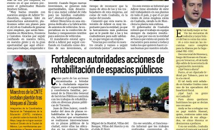 Portada RCG Lagunera [26 de mayo de 2026] Anuncian mil 500 empleos de Adient Technotrim para la región Centro; fortalecen acciones de rehabilitación de espacios públicos y más…