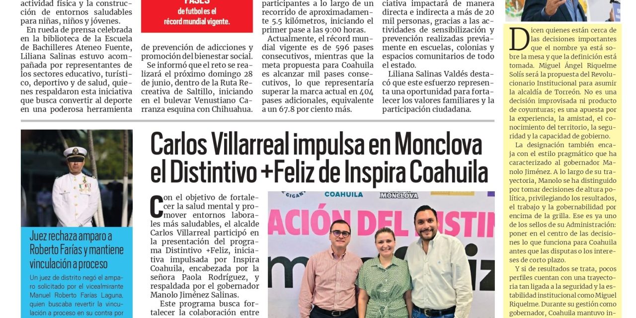 Portada RCG Centro [24 de junio de 2026] Va Coahuila por Récord Guinness con mayor cantidad de pases de futbol; Carlos Villarreal impulsa en Monclova el Distintivo +Feliz de Inspira Coahuila y más…