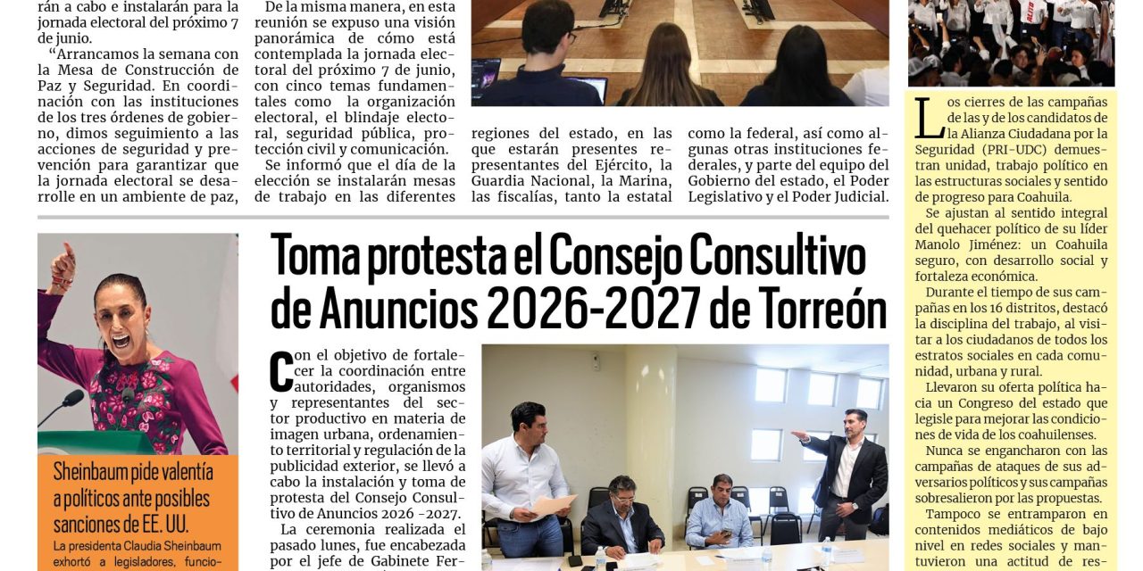 Portada RCG Lagunera [2 de junio de 2026] En equipo garantizamos una jornada electoral tranquila y en paz: Manolo; Preparan reforestación masiva en el Bosque Venustiano Carranza y más…