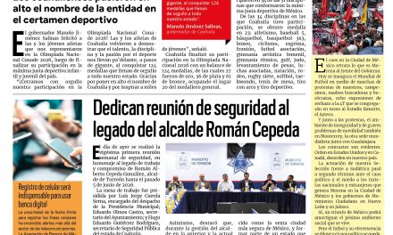 Portada RCG Lagunera [11 de junio de 2026] Felicita Manolo Jiménez a los representantes de la Olimpiada Nacional; dedican reunión de seguridad al legado del alcalde Román Cepeda y más…
