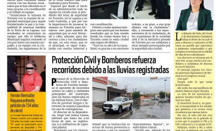 Portada RCG Lagunera [16 de junio de 2026] Manolo Jiménez reitera el compromiso de trabajo por la seguridad; protección Civil y Bomberos refuerza recorridos debido a las lluvias registradas y más…