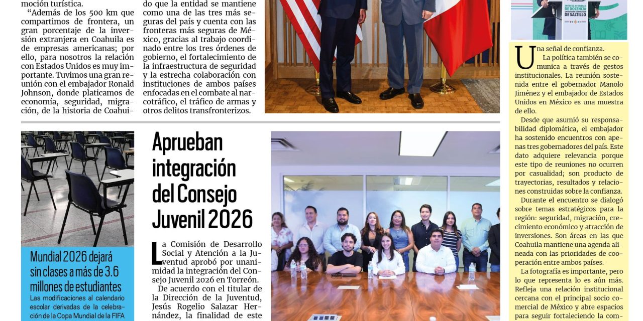 Portada RCG Lagunera [18 de junio de 2026] Manolo Jiménez fortalece lazos de amistad con el embajador de EE. UU.; aprueban integración del Consejo Juvenil 2026 y más…