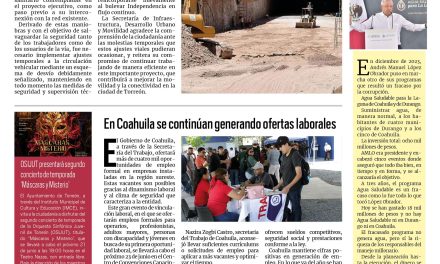 Portada RCG Lagunera [20 de junio de 2026] En Coahuila se continúan generando ofertas laborales; realizan labores de destape del drenaje en el Sistema Vial Abastos-Independencia y más…