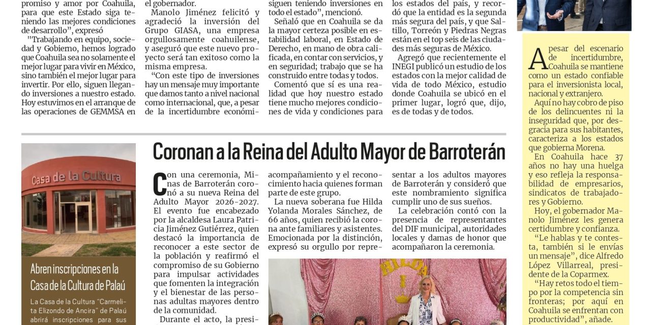 Portada RCG Carbonífera [18 de julio de 2026] ‘Coahuila tiene las mejores condiciones para invertir en todo México’; Coronan a la Reina del Adulto Mayor de Barroterán y más…