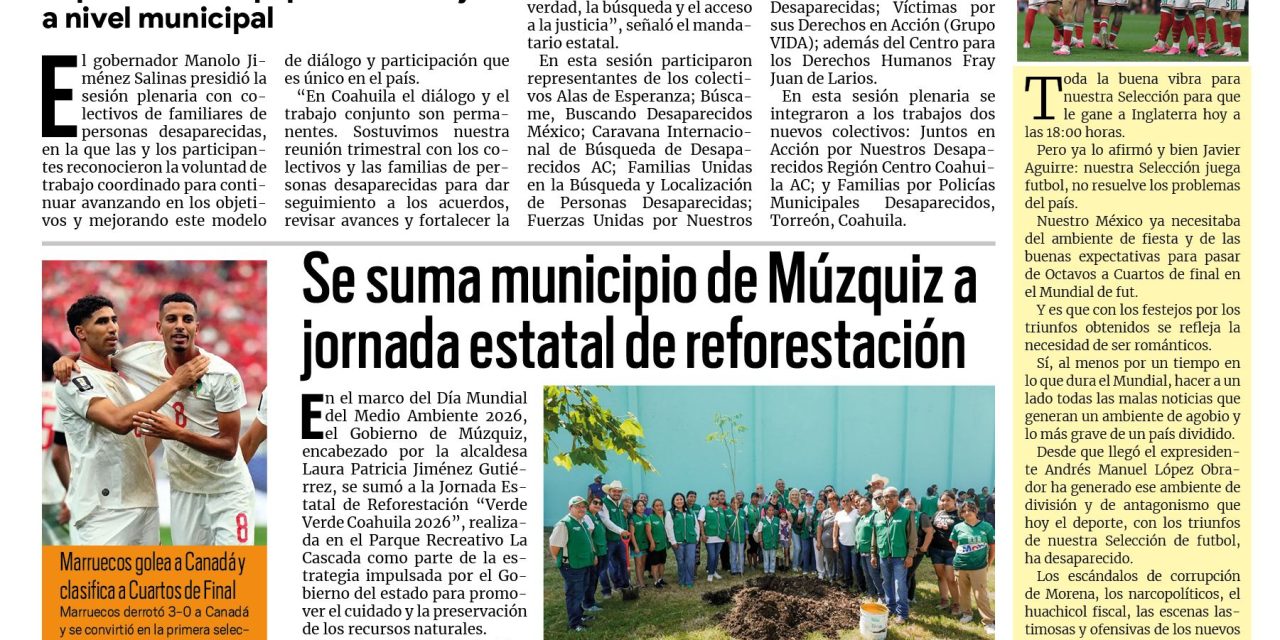 Portada RCG Carbonífera [5 de julio de 2026] ‘Fortalecemos diálogo y atención junto a colectivos de familiares de personas desaparecidas’, afirma Manolo Jiménez; Mantienen vigilancia permanente en la Sierra de Santa Rosa ante riesgo de incendios y más…