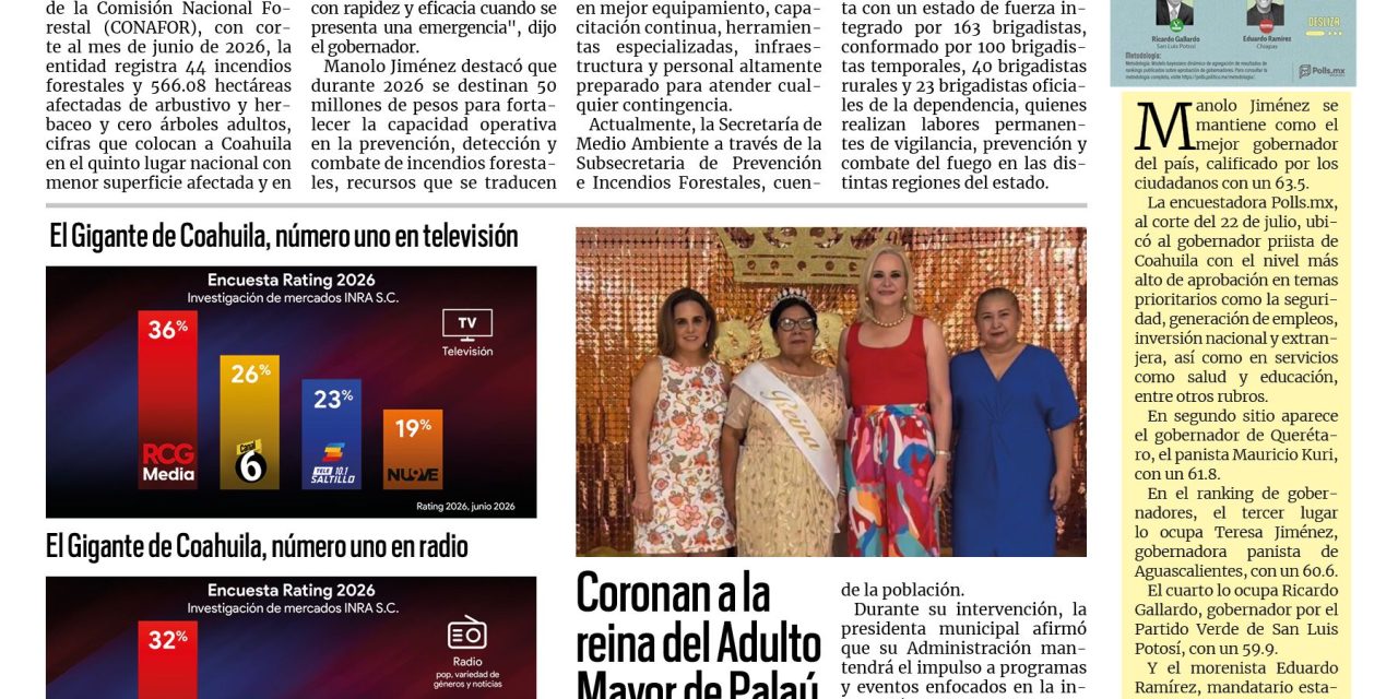 Portada RCG Carbonífera [24 de julio de 2026] Coahuila se mantiene con pocas afectaciones por incendios forestales; coronan a la reina del Adulto Mayor de Palaú y más…