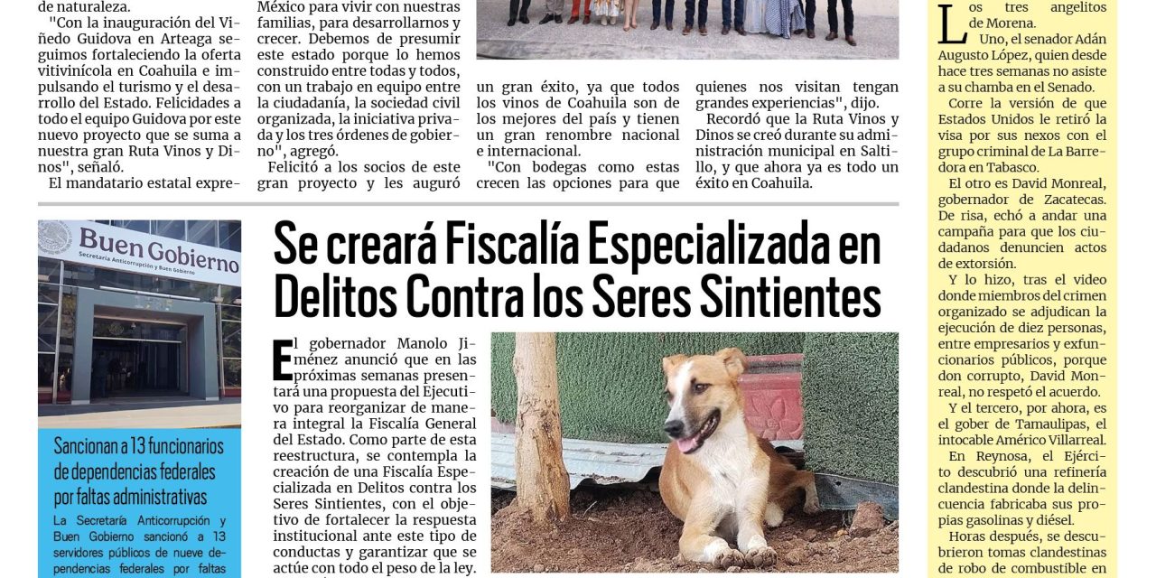 Portada RCG Centro [27 de julio de 2026] Fortalecen la ruta Vino y Dinos en Coahuila; se creará Fiscalía especializada para delitos contra los seres sintientes y más…