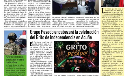 Portada RCG Fronteriza [31 de julio de 2026] Mantiene Coahuila abasto histórico de medicamentos; Grupo Pesado encabezará la celebración del Grito de Independencia y más…