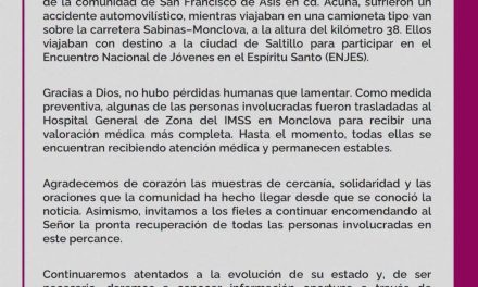 Sacerdote y jóvenes resultan lesionados en accidente carretero rumbo al ENJES