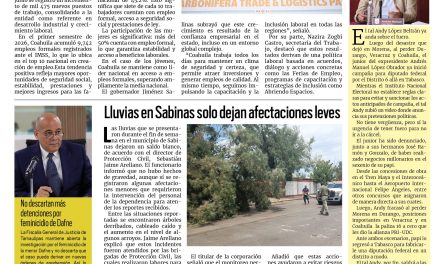 Portada RCG Carbonífera [4 de agosto de 2026] Coahuila se mantiene en el top 10 de generación de empleo ; lluvias en Sabinas solo dejan afectaciones leves y más…
