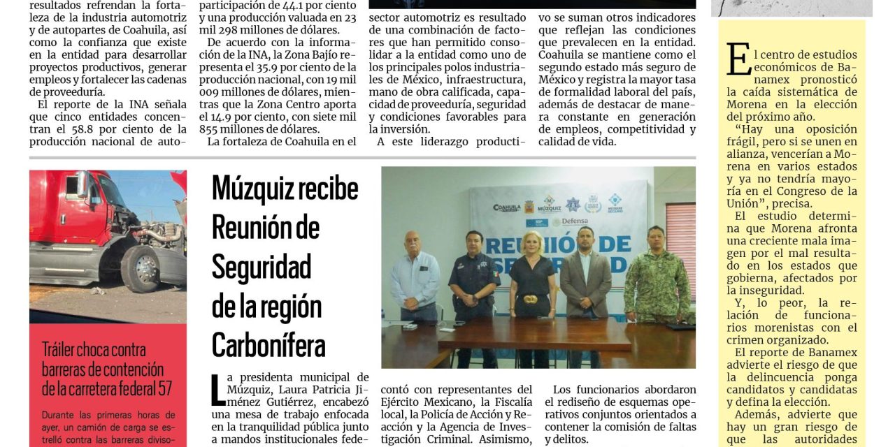 Portada RCG Carbonífera [21 de agosto de 2026] Coahuila mantiene liderazgo nacional en producción de autopartes; Múzquiz recibe Reunión de Seguridad de la región Carbonífera y más…
