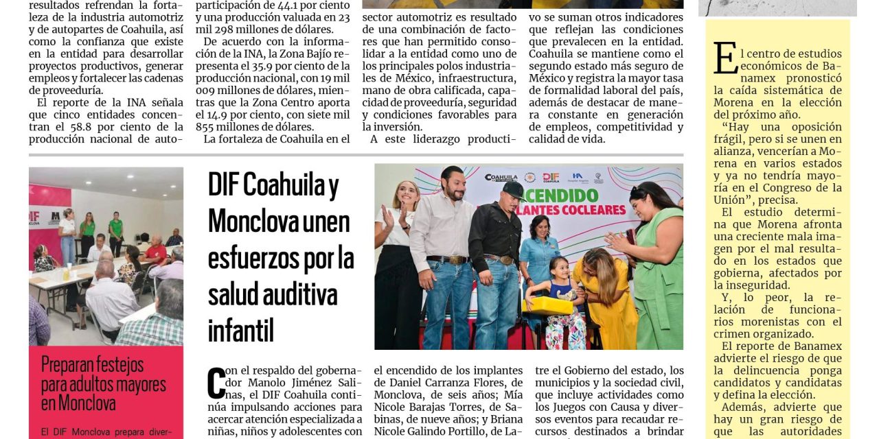 Portada RCG Centro [21 de agosto de 2026] Coahuila mantiene liderazgo nacional en producción de autopartes; DIF Coahuila y Monclova unen esfuerzos por la salud auditiva infantil y más…