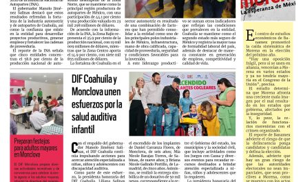 Portada RCG Centro [21 de agosto de 2026] Coahuila mantiene liderazgo nacional en producción de autopartes; DIF Coahuila y Monclova unen esfuerzos por la salud auditiva infantil y más…