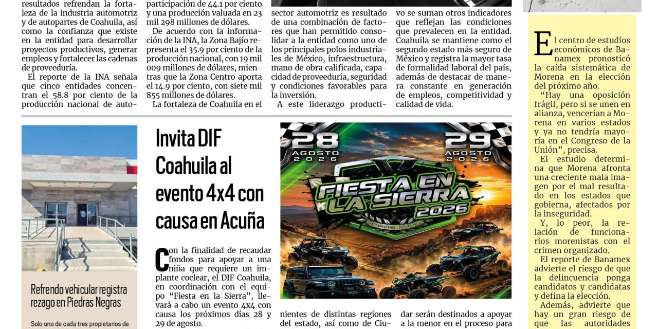 Portada RCG Fronteriza [21 de agosto de 2026] Coahuila mantiene liderazgo nacional en producción de autopartes; invita DIF Coahuila al evento 4×4 con causa en Acuña y más…