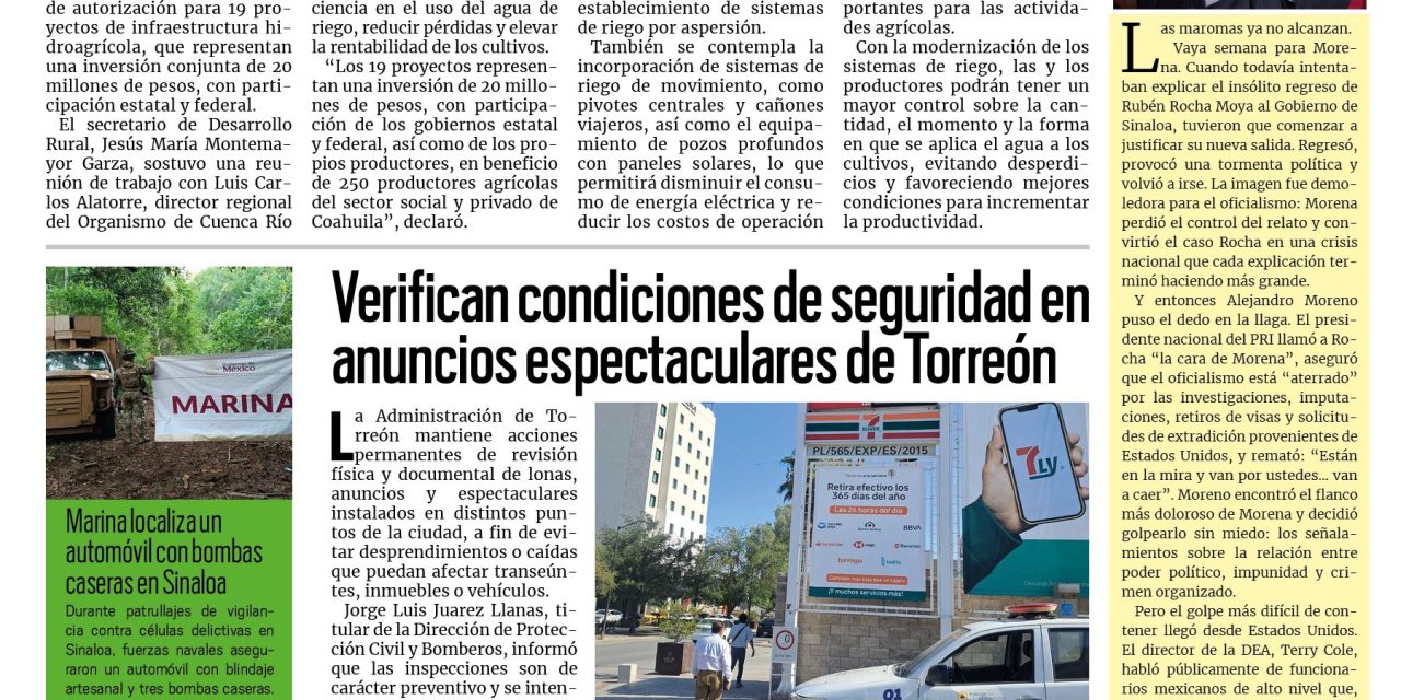 Portada RCG Lagunera [24 de agosto de 2026] Impulsa Coahuila y Conagua proyectos hidroagrícolas en la entidad; verifican condiciones de seguridad en espectaculares de Torreón y más…