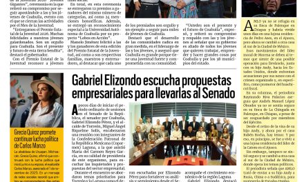 Portada RCG Lagunera [28 de agosto de 2026] Entrega Manolo Jiménez el Premio Estatal de la Juventud; Gabriel Elizondo escucha propuestas empresariales para llevarlas al Senado y más…