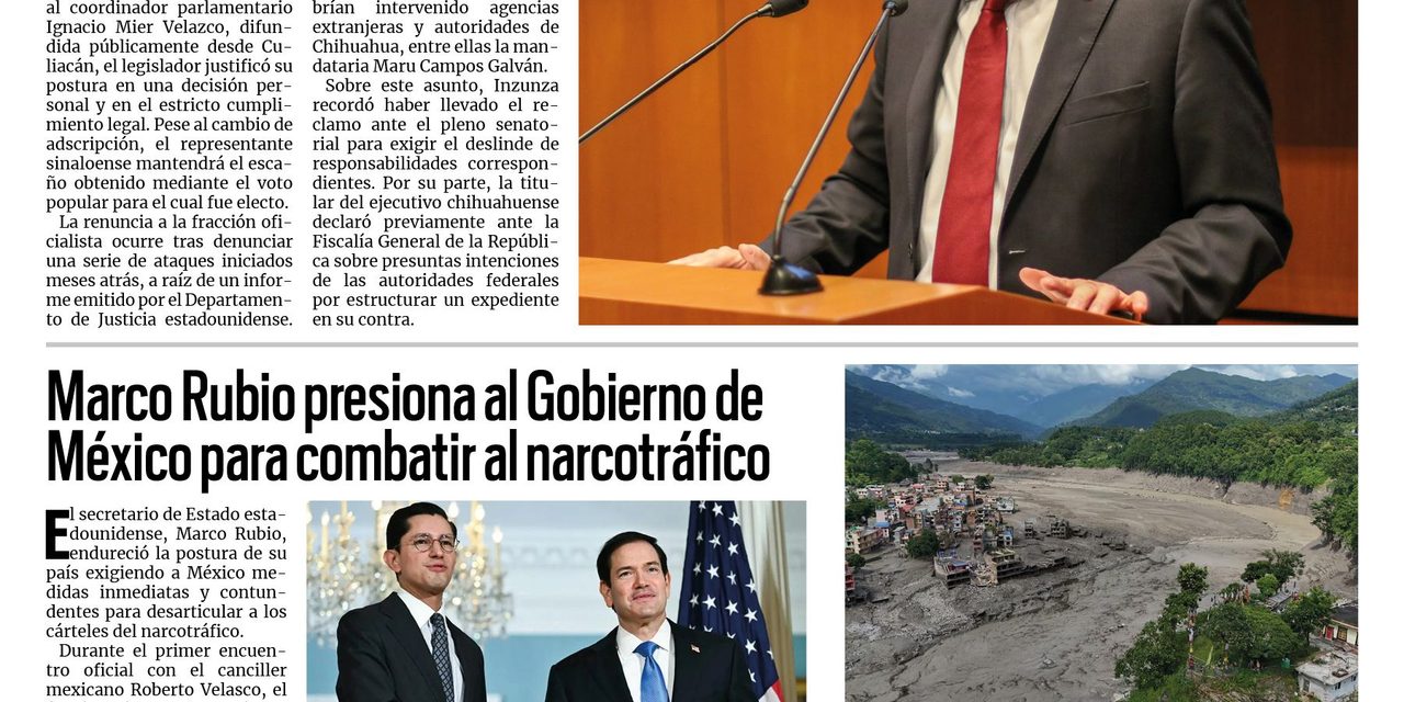 Portada RCG Nacional e Internacional [27 de agosto de 2026] Inzunza se va de Morena, pero sigue con fuero para no ser detenido por narcopolítico; Marco Rubio presiona al Gobierno de México para combatir al narcotráfico y más…