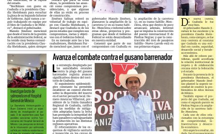 Portada RCG Carbonífera [7 de septiembre de 2026] La presidenta siempre será bienvenida a Coahuila: Manolo Jiménez Salinas; avanza el combate contra el gusano barrenador en la región y más…
