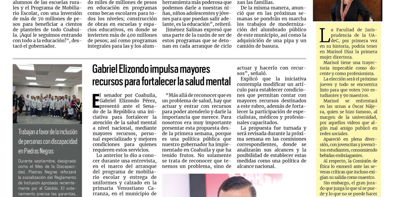 Portada RCG Fronteriza [5 de septiembre de 2026] Inicia Manolo Jiménez entrega de uniformes y tenis gratuitos; aGabriel Elizondo impulsa mayores recursos para fortalecer la salud mental y más…