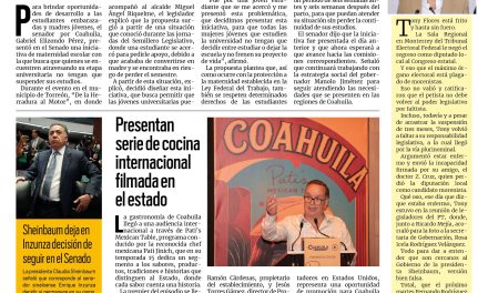 Portada RCG Lagunera [4 de septiembre de 2026] Busca Gabriel Elizondo garantizar continuidad escolar de estudiantes embarazadas; presentan serie de cocina internacional filmada en el estado y más…