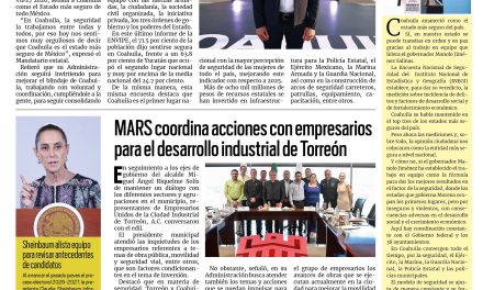 Portada RCG Lagunera [11 de septiembre de 2026] Coahuila es el estado más seguro de México: Manolo Jiménez Salinas; MARS coordina acciones con empresarios para el desarrollo industrial de Torreón y más…