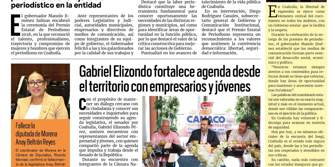 Portada RCG Lagunera [18 de septiembre de 2026] En Coahuila los periodistas ejercen su profesión con seguridad: Manolo Jiménez; Gabriel Elizondo fortalece agenda desde el territorio con empresarios y jóvenes  y más…