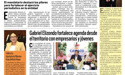 Portada RCG Lagunera [18 de septiembre de 2026] En Coahuila los periodistas ejercen su profesión con seguridad: Manolo Jiménez; Gabriel Elizondo fortalece agenda desde el territorio con empresarios y jóvenes  y más…