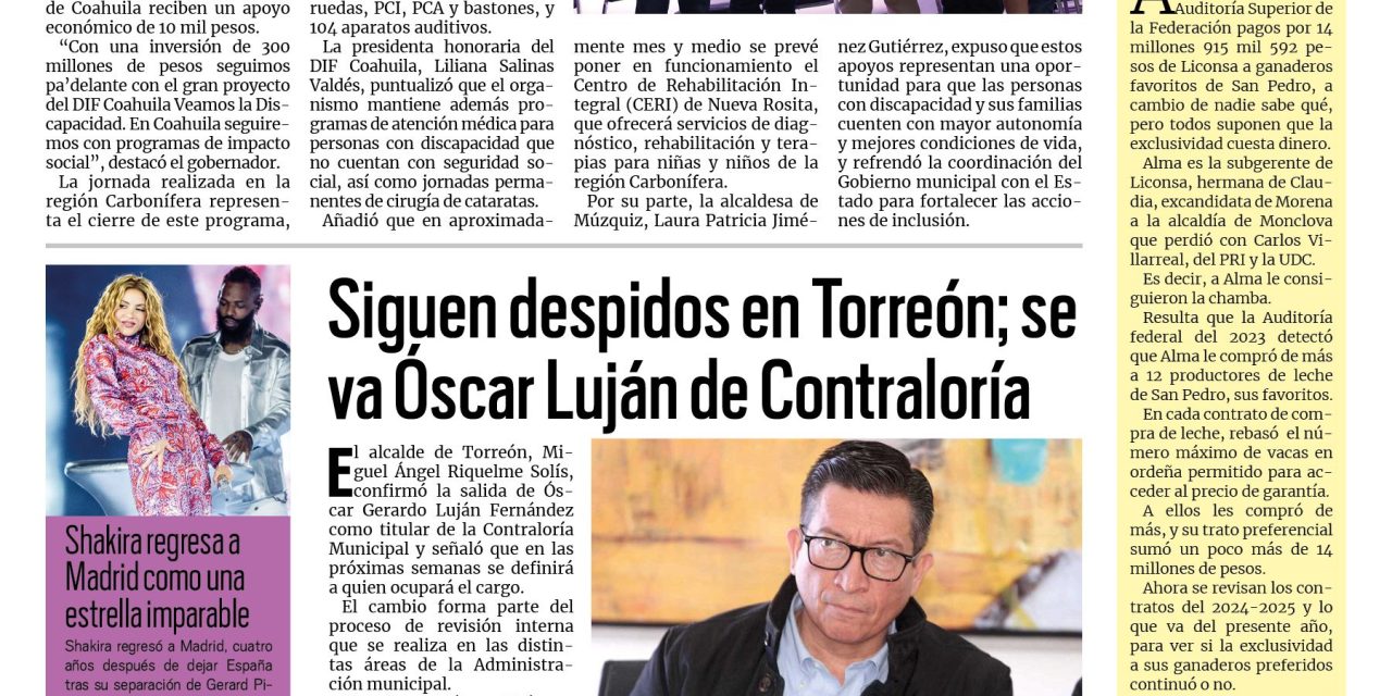 Portada RCG Lagunera [20 de septiembre de 2026] Entregan miles de becas a personas con discapacidad en todo Coahuila; Refuerzan seguridad en fraccionamientos en Torreón y más…