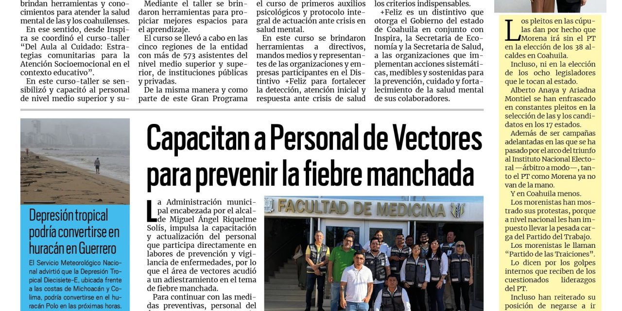 Portada RCG Lagunera [21 de septiembre de 2026] Fortalece Inspira Coahuila la atención a la salud mental; capacitan a Personal de Vectores para prevenir la fiebre manchada y más…