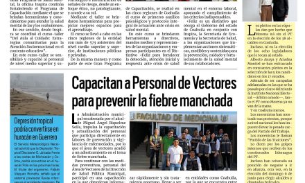Portada RCG Lagunera [21 de septiembre de 2026] Fortalece Inspira Coahuila la atención a la salud mental; capacitan a Personal de Vectores para prevenir la fiebre manchada y más…