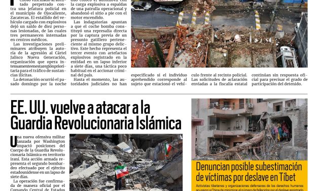 Portada RCG Nacional e Internacional [2 de septiembre de 2026] Detienen a presunto implicado en atentado por coche bomba en Zacatecas; EE. UU. vuelve a atacar a la Guardia Revolucionaria Islámica y más…