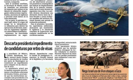 Portada RCG Nacional e Internacional [12 de septiembre de 2026] Autoridades reportan derrame petrolero en Campeche; descarta presidenta impedimento de candidaturas por retiro de visas y más…