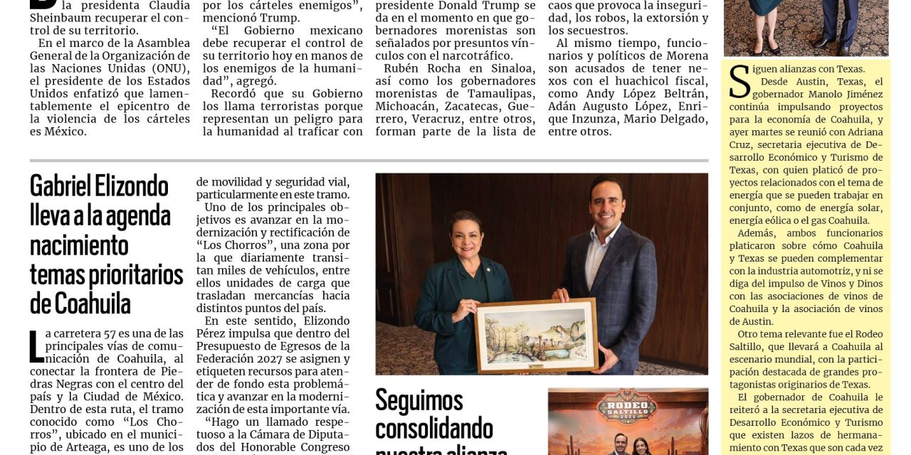 Portada RCG Media [23 de septiembre de 2026] ‘México, epicentro del narco’; seguimos consolidando nuestra alianza estratégica con Texas: Manolo Jiménez  y más…