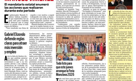 Portada RCG Centro [1 de octubre de 2026] Septiembre, mes de grandes resultados que nos llenan de orgullo: Manolo Jiménez; Gabriel Elizondo defiende reglas claras para atraer más inversión y empleo y más…