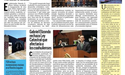 Portada RCG Fronteriza [15 de octubre de 2026] ´Expo Coahuila, un proyecto de desarrollo económico, turístico y social’; Gabriel Elizondo rechaza Ley Catastral que afectaría a los coahuilenses y más…