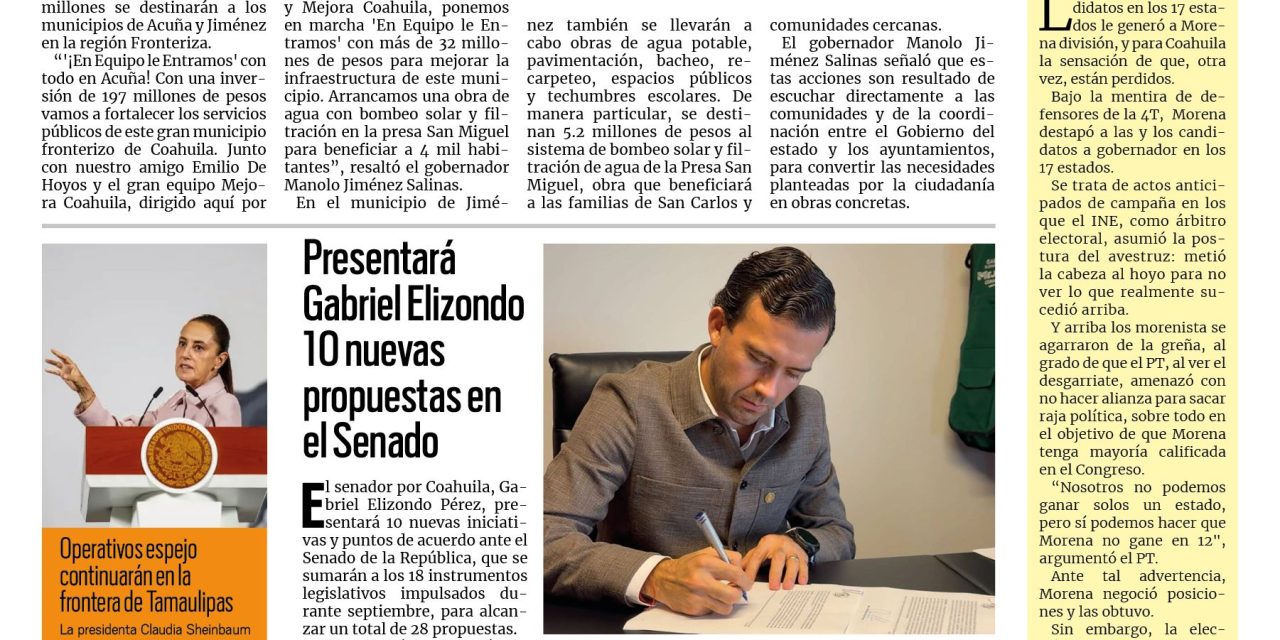 Portada RCG Lagunera [7 de octubre de 2026] ‘En Equipo le Entramos’ llega al norte de Coahuila; presentará Gabriel Elizondo 10 nuevas propuestas en el Senado y más…