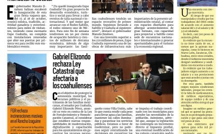 Portada RCG Lagunera [15 de octubre de 2026] ´Expo Coahuila, un proyecto de desarrollo económico, turístico y social’; Gabriel Elizondo rechaza Ley Catastral que afectaría a los coahuilenses y más…